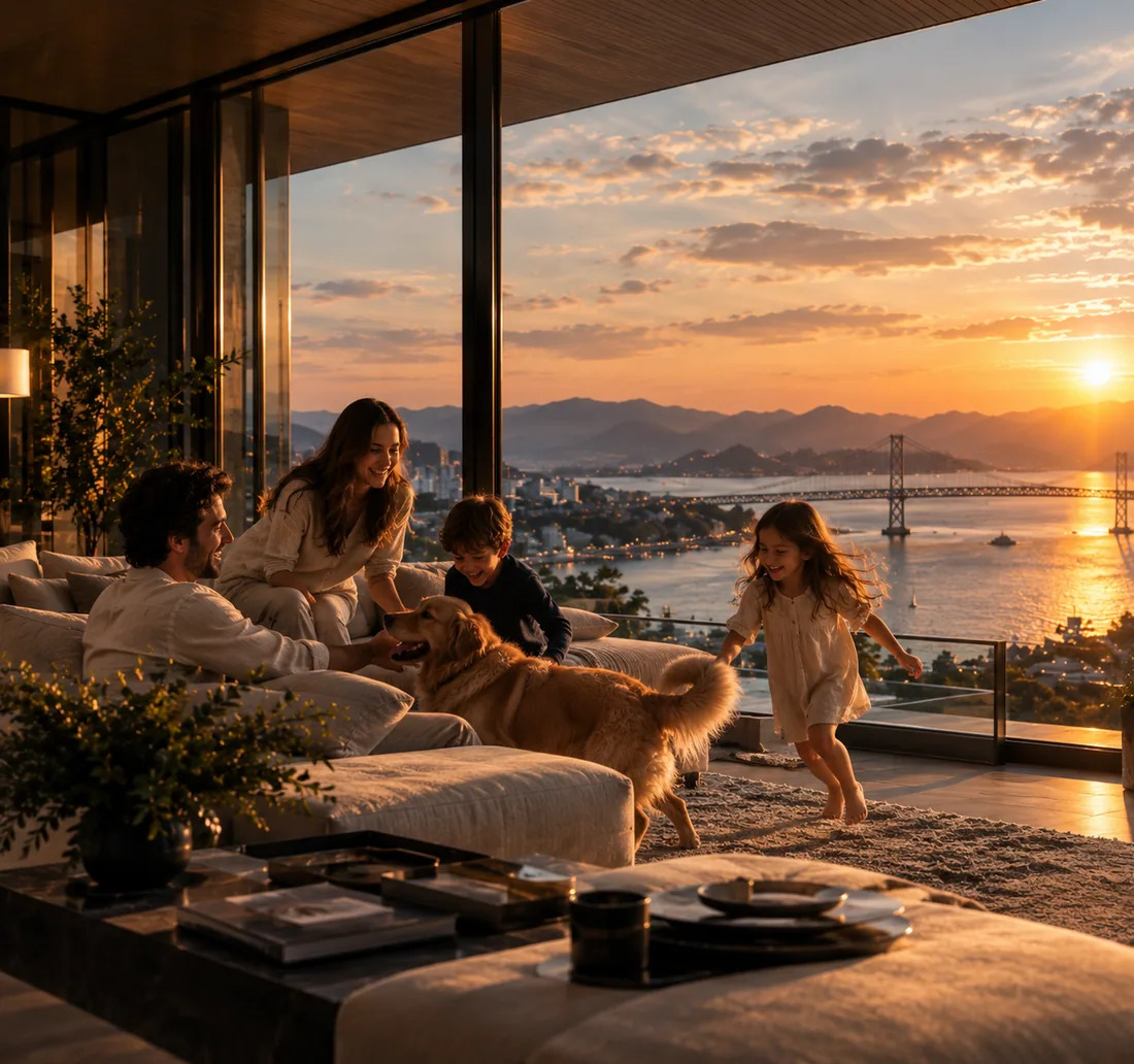 Interior residencial sofisticado com vista para a baía ao pôr do sol