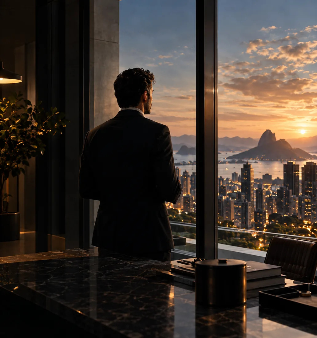 Interior sofisticado ao entardecer com vista para a cidade e montanhas